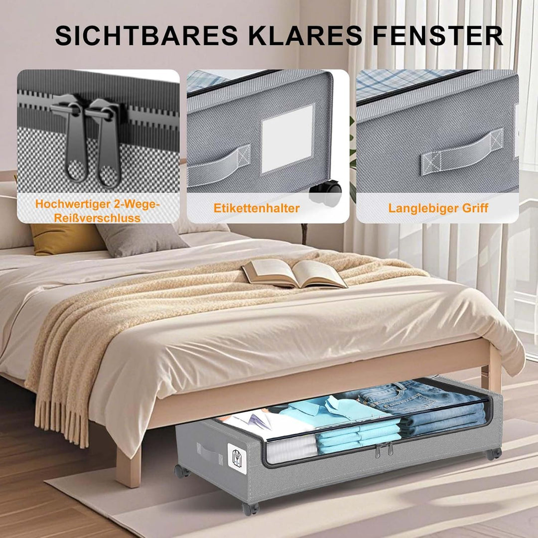 2 Stück Unterbett Aufbewahrungsbox mit Rollen und Deckel, Unterbettkommode mit klaren Deckeln & Etik