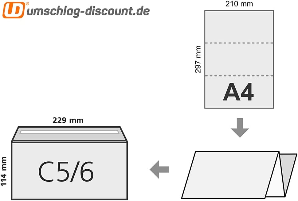 100 Umschläge, Design-RC®, aus Recycling-Papier in DIN lang = 229 x 114 mm (C6/5) mit Abziehstreifen