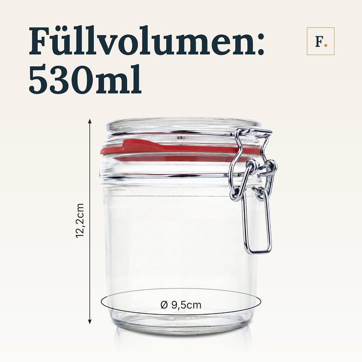 Flaschenbauer - 12er Set Drahtbügelgläser 530ml - Vorratsglas mit Dichtungsringen inkl. Etiketten, E