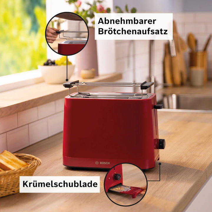 Bosch Kompakt Toaster MyMoment TAT3M124, entnehmbarer klappbarer Brötchenaufsatz, mit Auftaufunktion