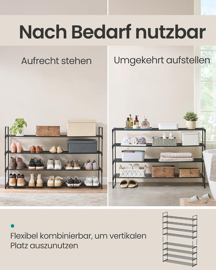 SONGMICS Schuhregal 4 Ebenen, Schuhständer Metall, Schuhaufbewahrung, Schuh-Organizer, aufrecht oder