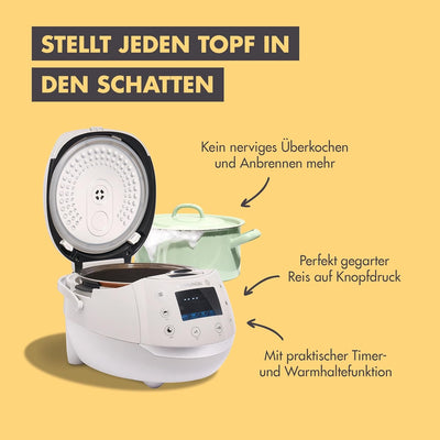 Reishunger Digitaler Reiskocher & Dampfgarer Grau + Gratis Kochbuch – Warmhaltefunktion, Timer & Pre