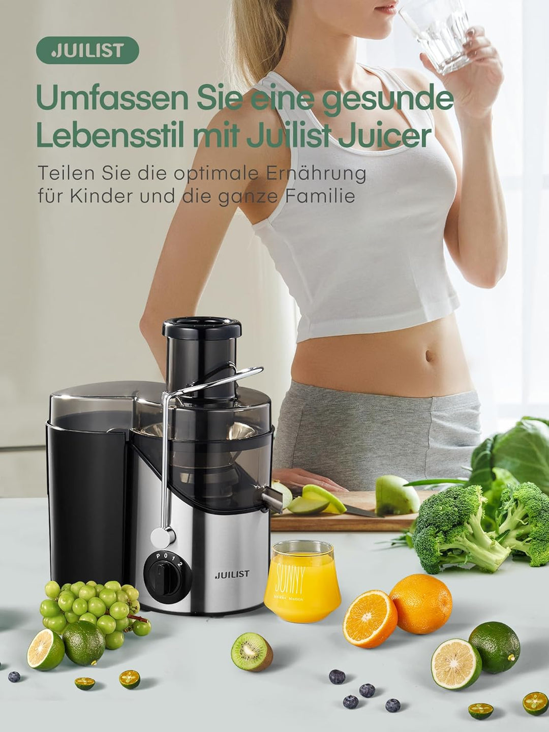 JUILIST Entsafter Gemüse und Obst, 65 mm Einfüllschacht, 3 Einstellungen, Mit Reinigungsbürste, Leic