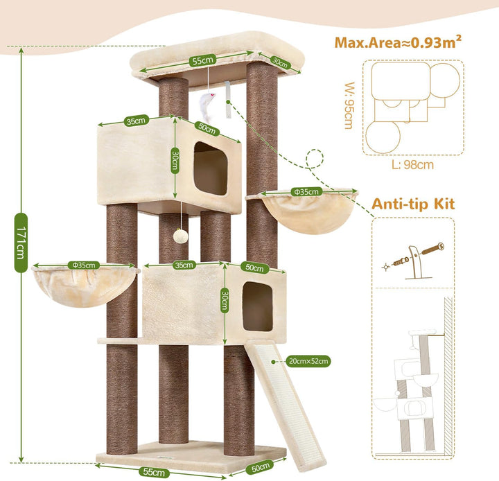 Globlazer Beige Kratzbaum Dicke Stämme 11CM für Grosse Katzen mit 2 Extragross Katzenhaus 50*35*30cm