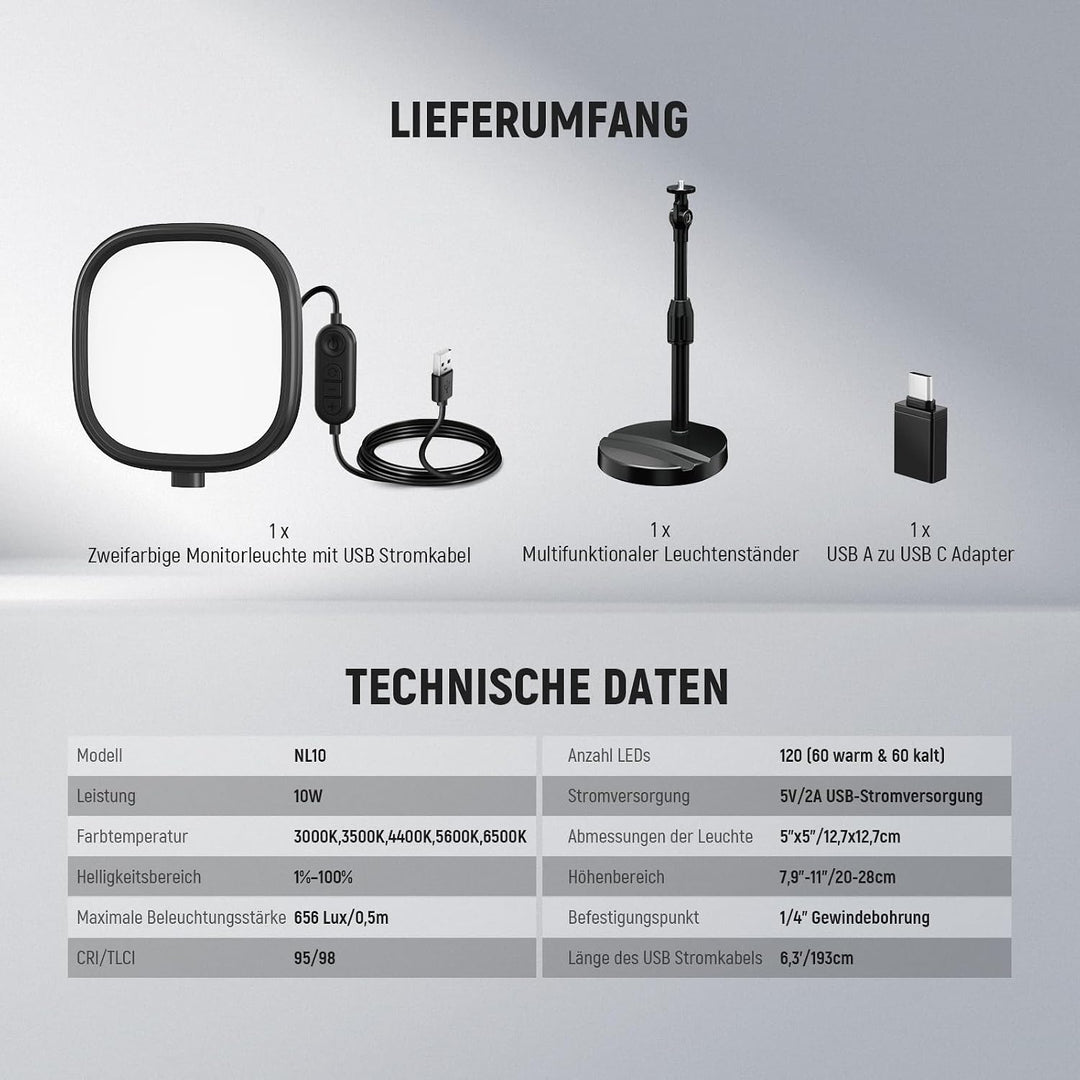 NEEWER Basics 5" Tisch Videolicht für Videoanrufe, CRI95 Vollbild LED Ringlicht mit Ständer, 10W zwe