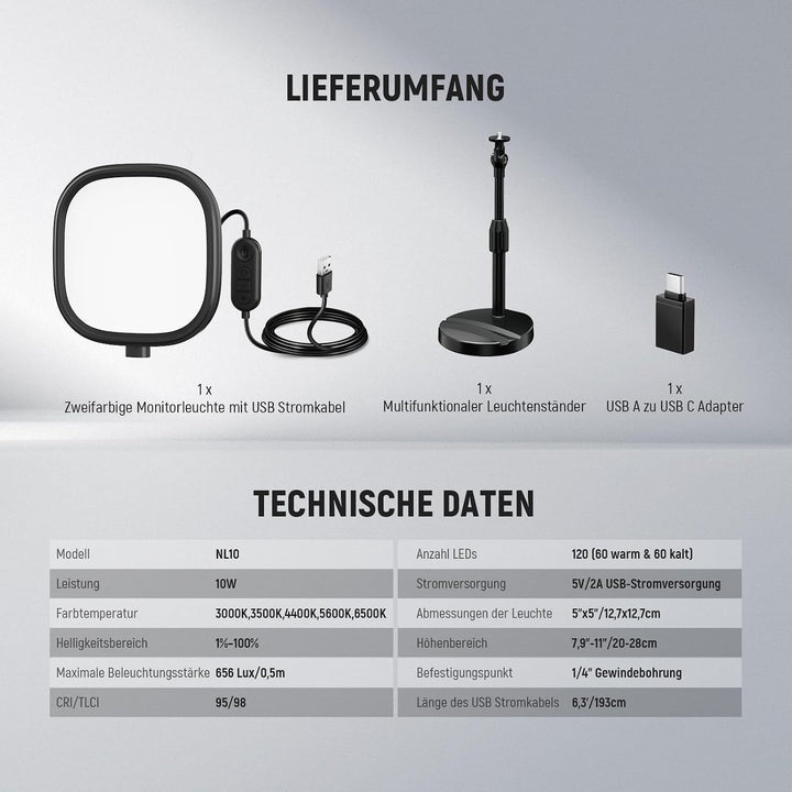 NEEWER Basics 5" Tisch Videolicht für Videoanrufe, CRI95 Vollbild LED Ringlicht mit Ständer, 10W zwe