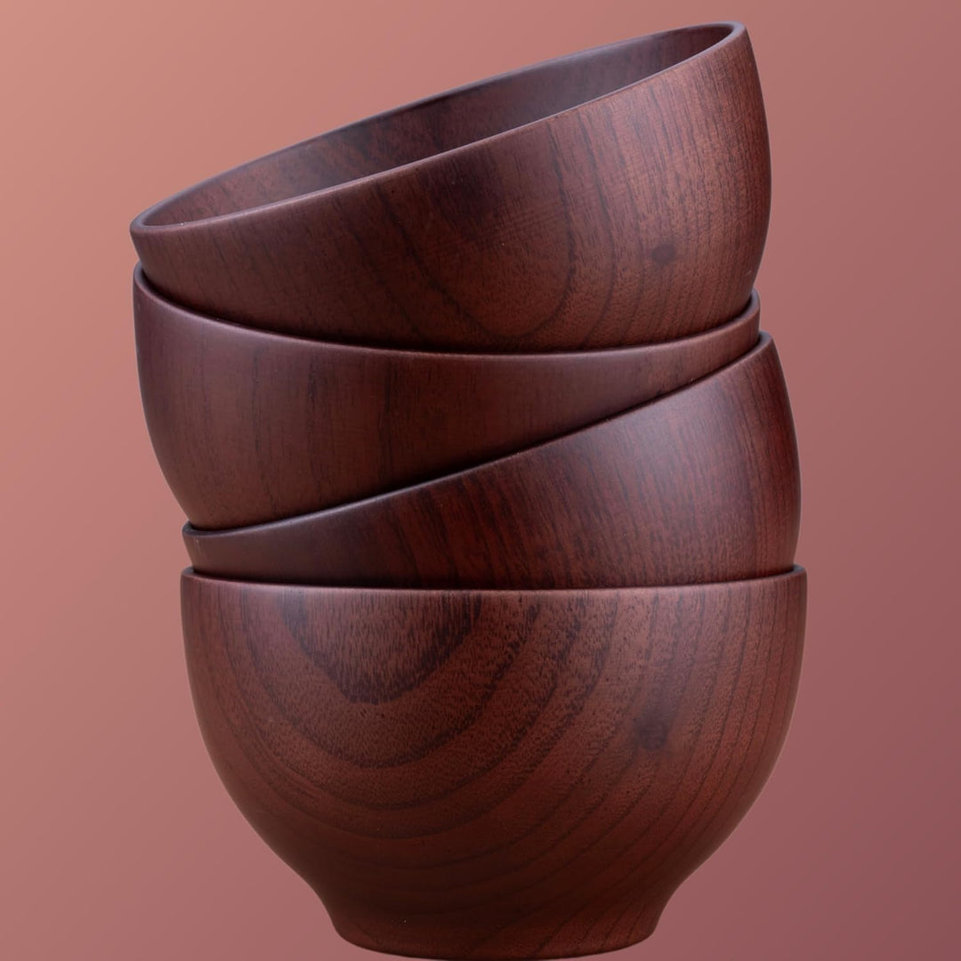 4er-Set: Japanische Suppenschalen bzw. Reisschalen aus Kastanienholz, 12 cm (Schwarzbraun)