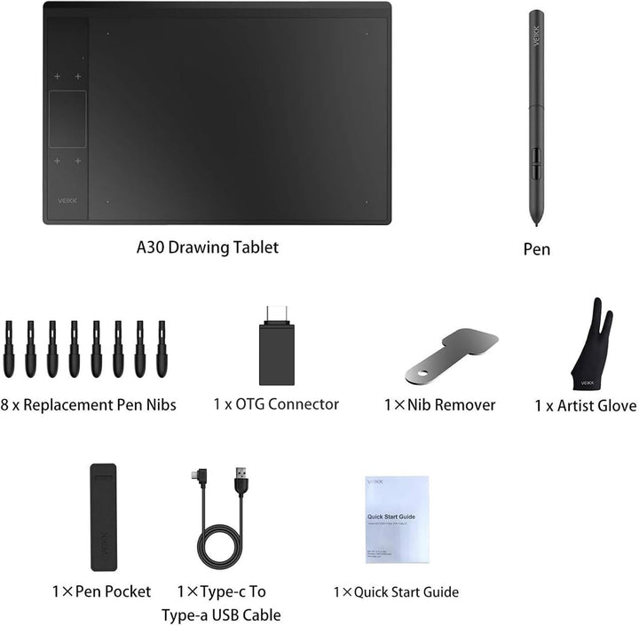 Grafiktablett VEIKK A30 V2 mit 4 Sensortasten und einem Gestenpad, 10x6 Zoll Pen Tablet mit Batterie