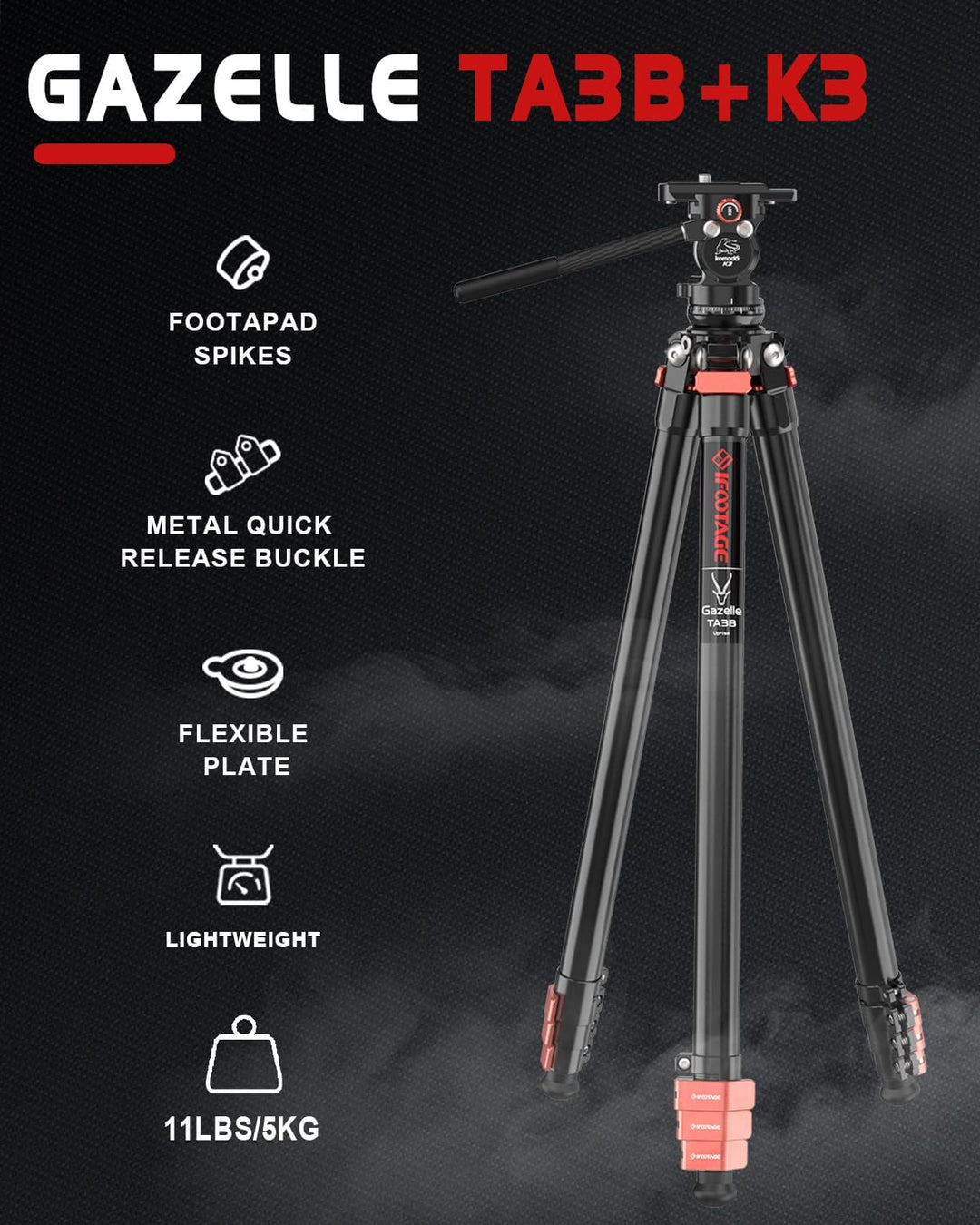 IFOOTAGE Gazelle TA3B+K3,58,7/149cm Stativ Kamera TA3B aus Aluminiumlegierung Reisestativ mit K3 Min