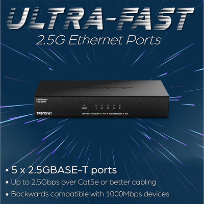 TRENDnet 5-Port Unmanaged 2.5G Switch, 5 x 2.5GBASE-T Ports, 25Gbps Switching-Kapazität, abwärtskomp