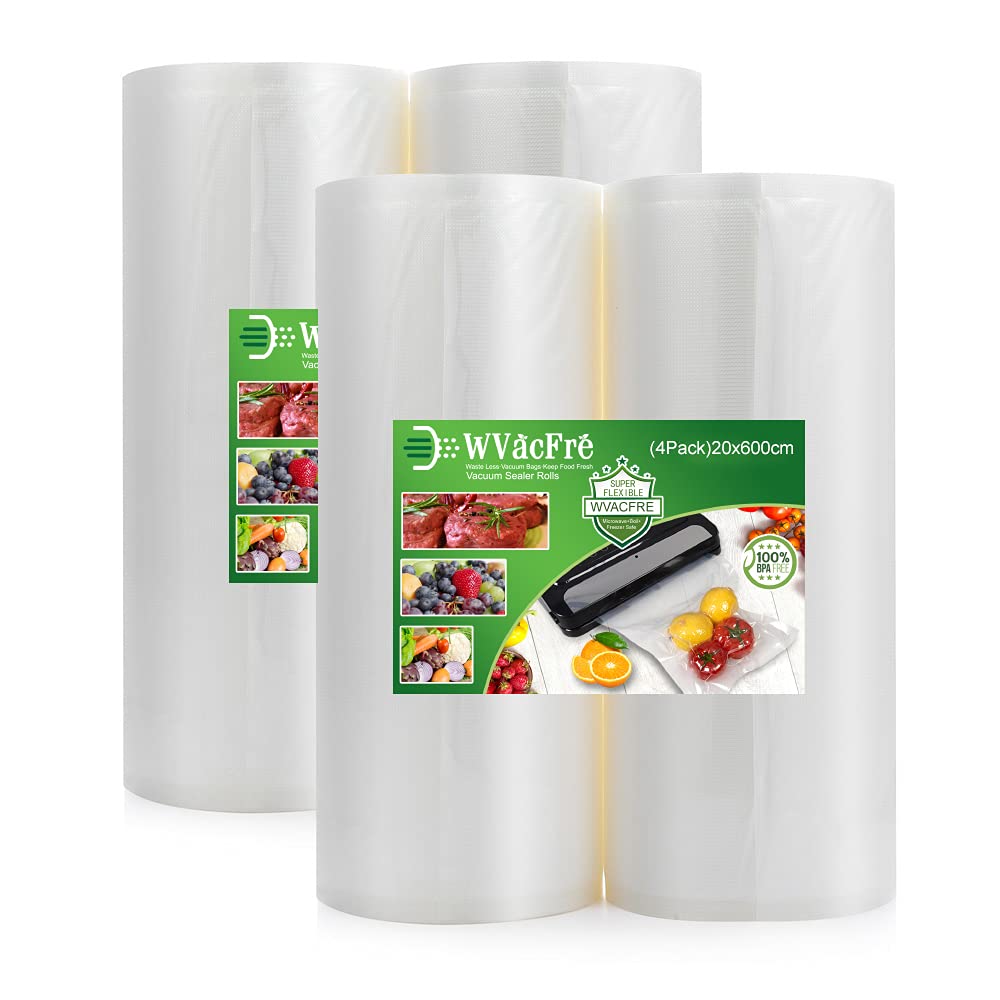 WVacFre 4 Folienrollen 20x600cm Vakuumierrollen für Lebensmittel,BPA-Frei Vakuumierbeutel Sous Vide