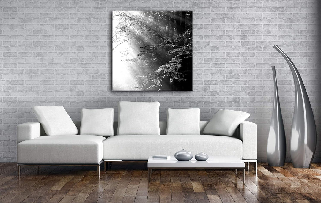 deyoli herbstlicher Wald mit Sonnenstrahlen im Format: 70x70 Effekt: Schwarz&Weiss als Leinwandbild,