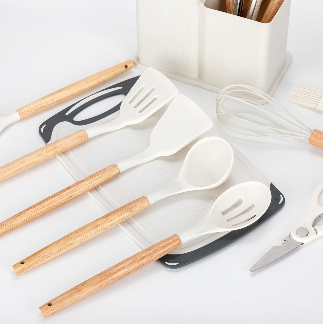 EliteHoff Küchenmesser-Set 19-teilig – Silikon-Küchenutensilien-Set mit Holzgriffen, 5 Messer, 12 Ko
