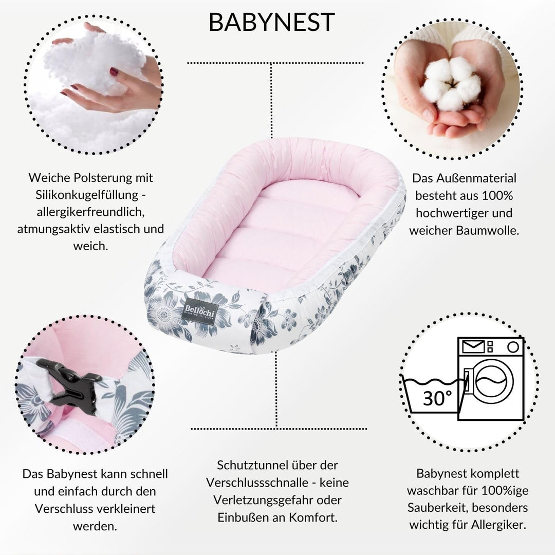 Bellochi Growing in style Premium Babynestchen Neugeborene - Nestchen Baby 90x60x12cm - 100% Baumwol
