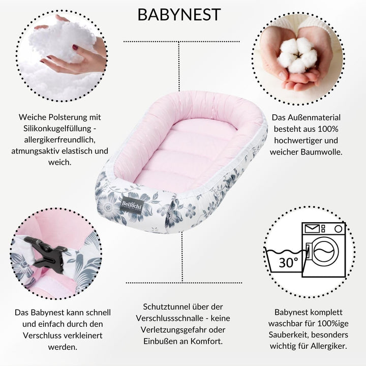 Bellochi Growing in style Premium Babynestchen Neugeborene - Nestchen Baby 90x60x12cm - 100% Baumwol