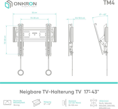 ONKRON Wandhalterung für TV 17"-43" mit einem Gewicht von bis zu 36,4 kg max VESA 200x200 einfache N