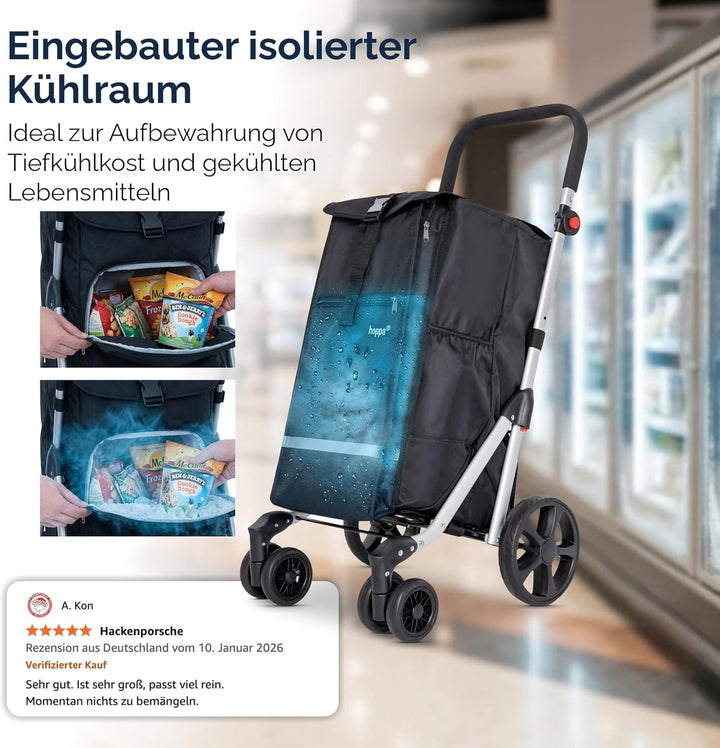 Hoppa – Einkaufstrolley | Grosser 74L klappbarer Einkaufswagen | Leichter 6-Räder-Trolley mit 5 Tasc