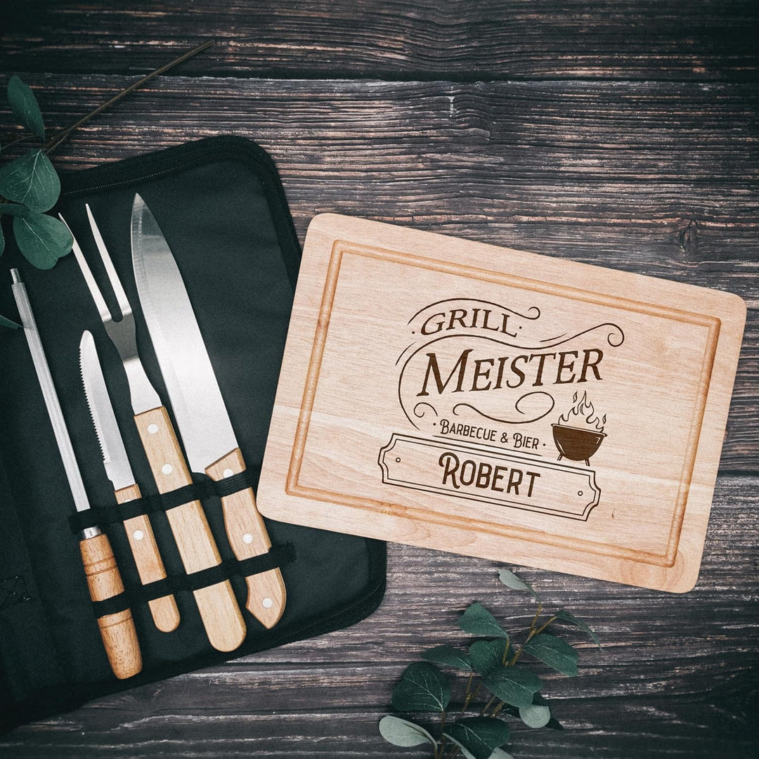 Grillset mit Messer im Messerset, Grillen Geschenk, Grill Accessories, Grillbrett, Geschenke für Män