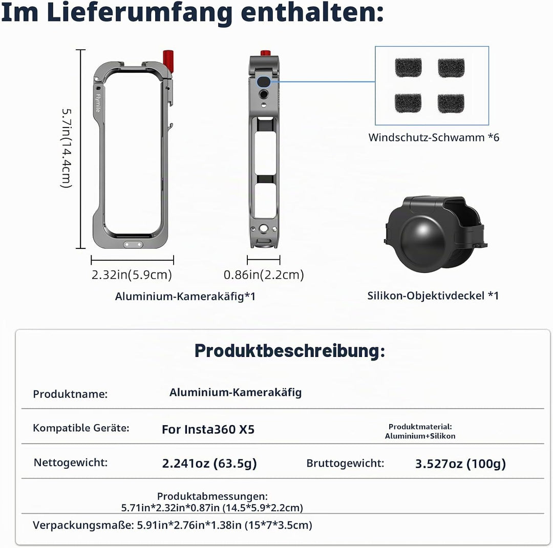 Metall-Schutzgehäuse für Insta360 X5, Schutzrahmen Case Cage Aluminiumrahmen mit Silikon-Objektivsch