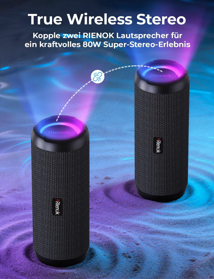 RIENOK Bluetooth Lautsprecher, Musikbox mit EQ 5.3 Bluetooth Box, IPX7 Lautsprecher RGB Licht Bass m
