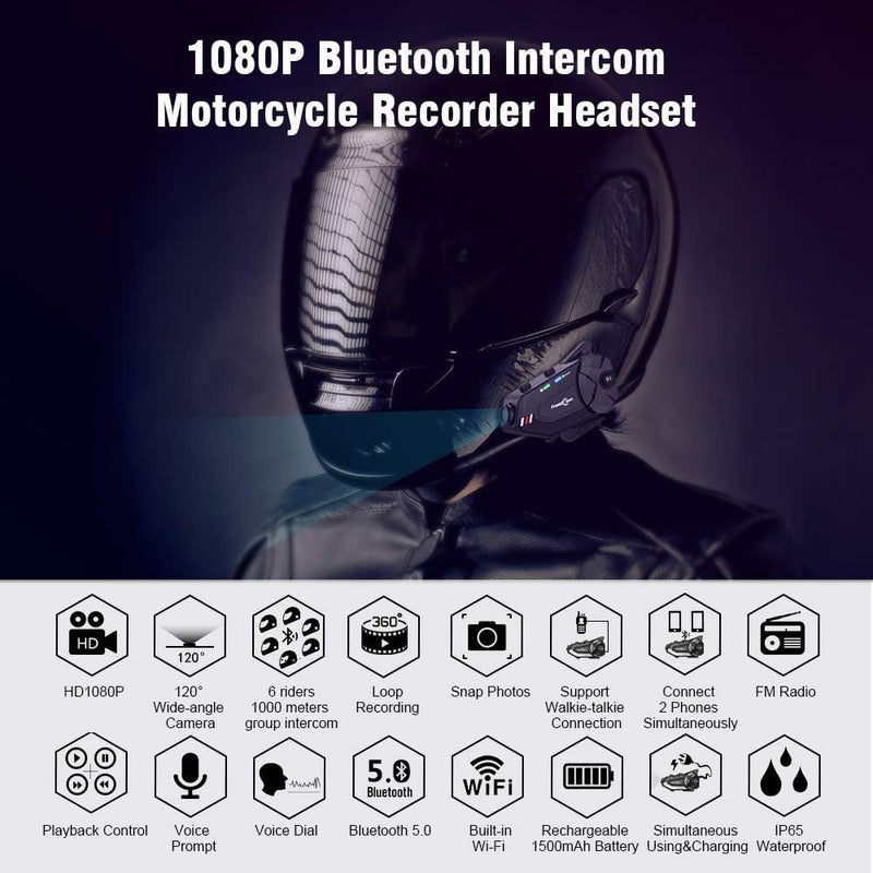 EuroFone Motorrad-Bluetooth-Headset, Gruppen-Gegensprechanlage und WLAN-Recorder, unterstützt 6 Fahr
