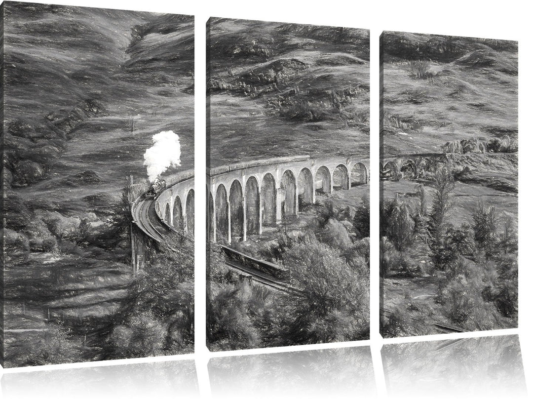 Pixxprint Glenfinnan Eisenbahnviadukt in Schottland Kunst Kohle Effekt 3-Teiler Leinwandbild 120x80