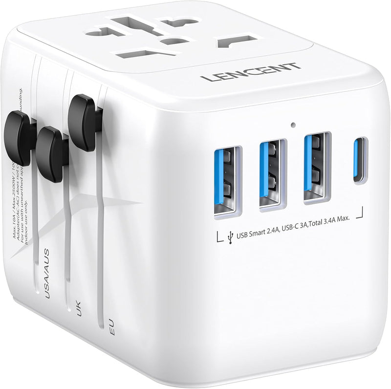 LENCENT Universal Reiseadapter Weltweit Internationaler Adapter mit 3 USB & Typ-C PD Ladeanschlüssen