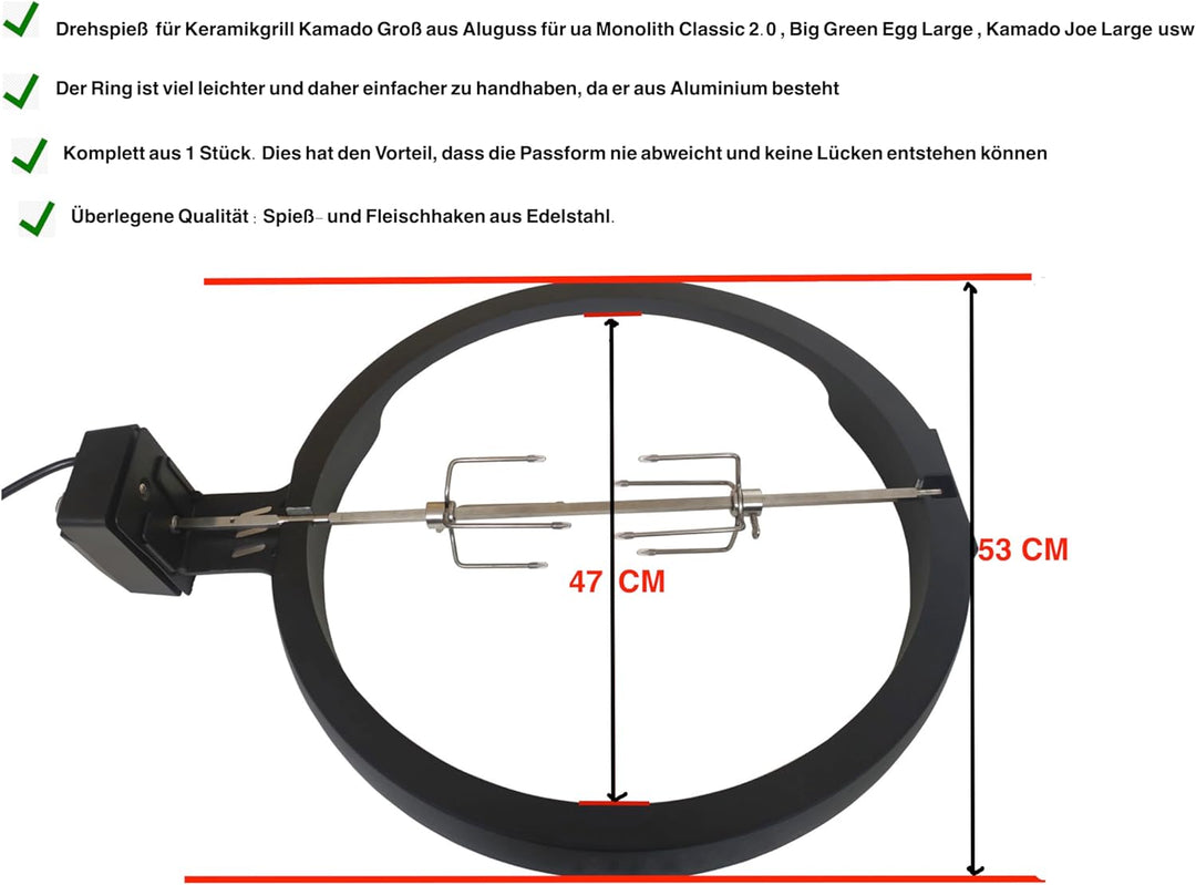 Drehspiess aus Aluminium für Kamado BBQ Large, kompatibel mit Monolith Classic 2.0, Big Green Egg La