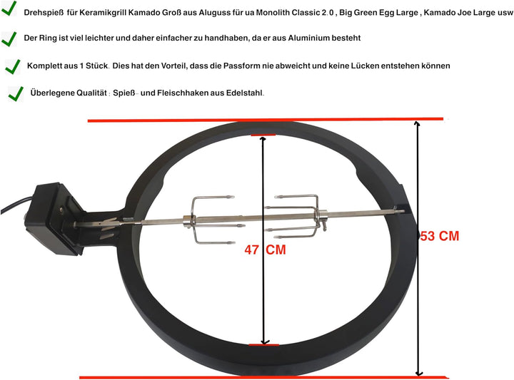 Drehspiess aus Aluminium für Kamado BBQ Large, kompatibel mit Monolith Classic 2.0, Big Green Egg La