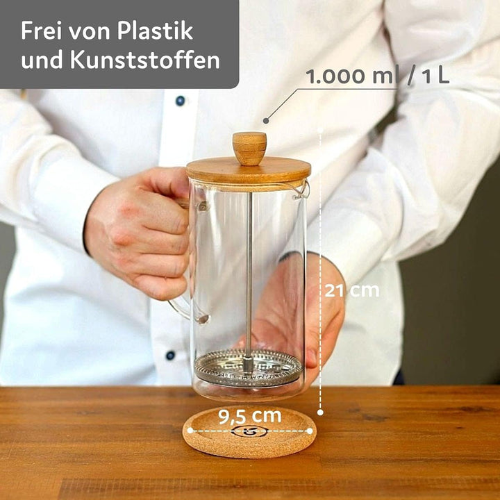 Buntfink French Press 1 Liter Glas – Kaffeebereiter mit Edelstahl-Filter & Bambus-Deckel – mit je 2