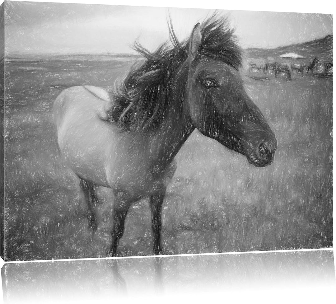 Isländer Pferde in der Wildnis Kunst Buntstift Effekt, Format: 100x70 auf Leinwand, XXL riesige Bild