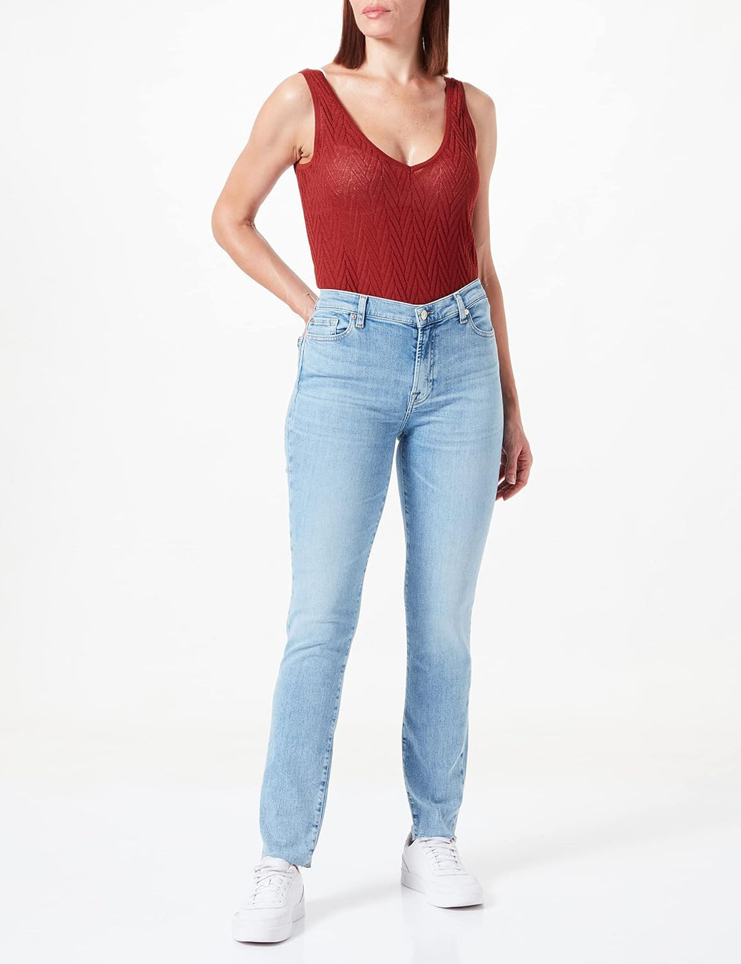 7 For All Mankind Damen Hw Skinny Slim Illusion with Raw Cut Jeans 31W / 31L Light Blue, 31W / 31L L