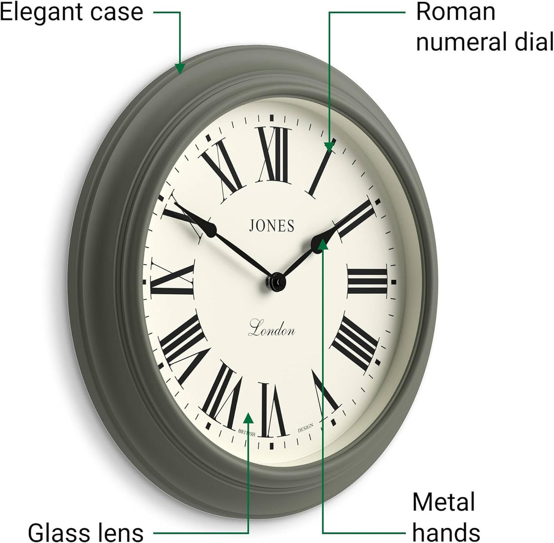 JONES CLOCKS® Supper Club wanduhr | Grosse Klassische runde Uhr | 40 cm | Spargelgrün | Römische Zif