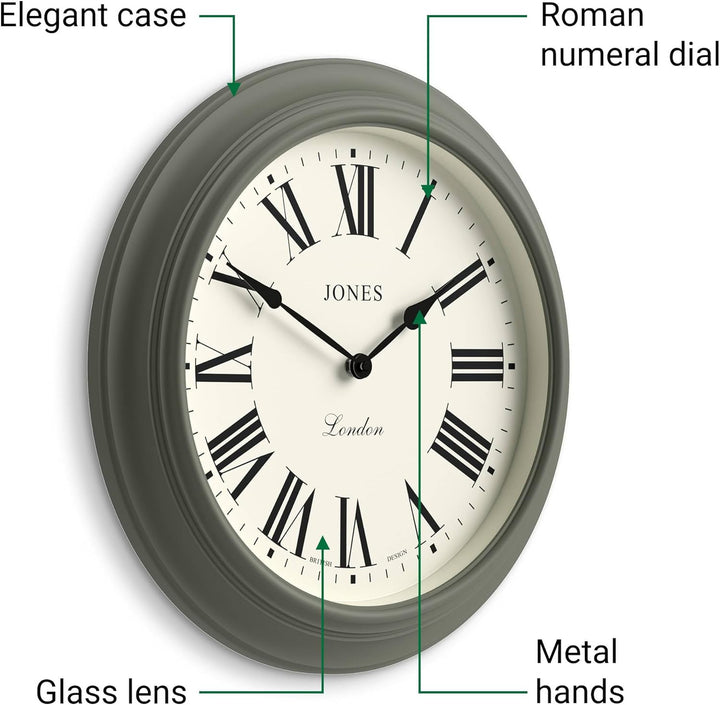 JONES CLOCKS® Supper Club wanduhr | Grosse Klassische runde Uhr | 40 cm | Spargelgrün | Römische Zif