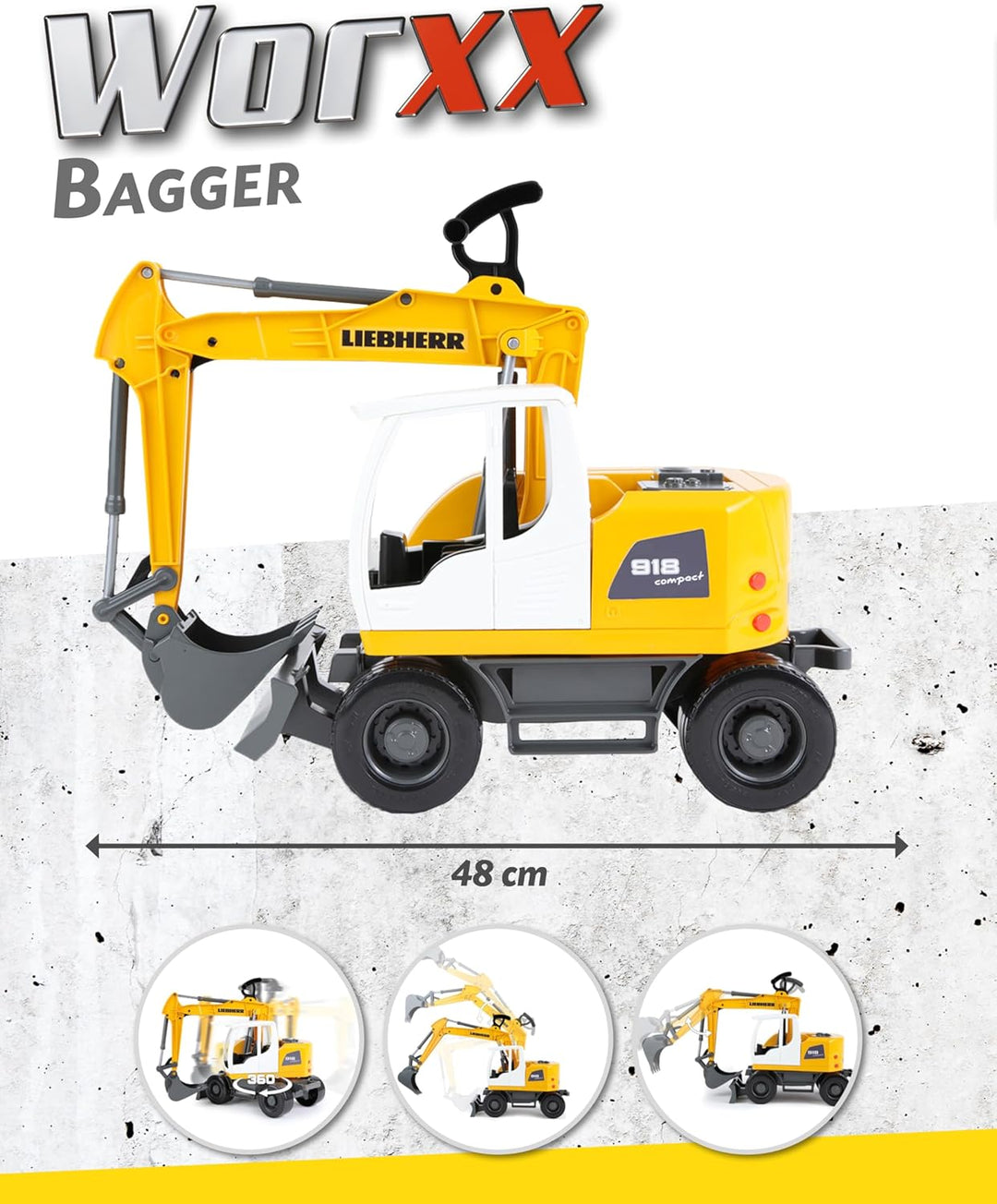 Lena 04611 - Worxx Schaufelbagger Modell Liebherr A918 Compact Litronic, ca. 48 cm, Baustellen Spiel