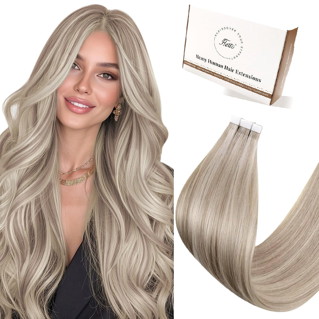 Hetto Tape Extensions Echthaar, Mittelblond &amp; Platinblond Highlights, 30cm | 20 Stucke 30g 100% Remy