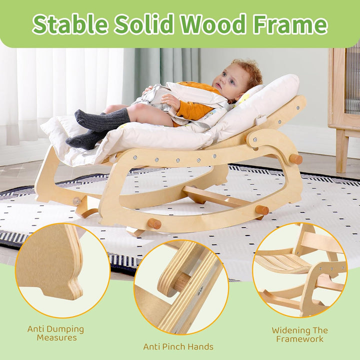 MALLBEST 3-in-1 Babywippe mit Doppelpolsterung, für 0-12 Monate, Verstellbarer Holz-Rocker-Stuhl für