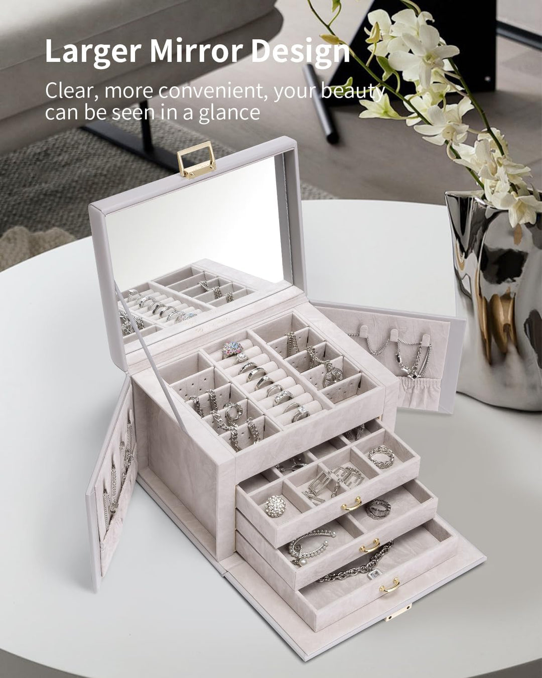 Vlando Schmuckkasten Jewelry Box mit 4 Ebenen, Schmuckschatulle Gross PU Leder, Schmuckkästchen mit