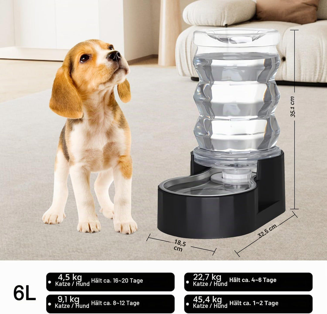 Sfozstra Wassernapfspender für Hunde - 6L Lagre Edelstahl - BPA-frei - Automatischer schwarzer Schwe
