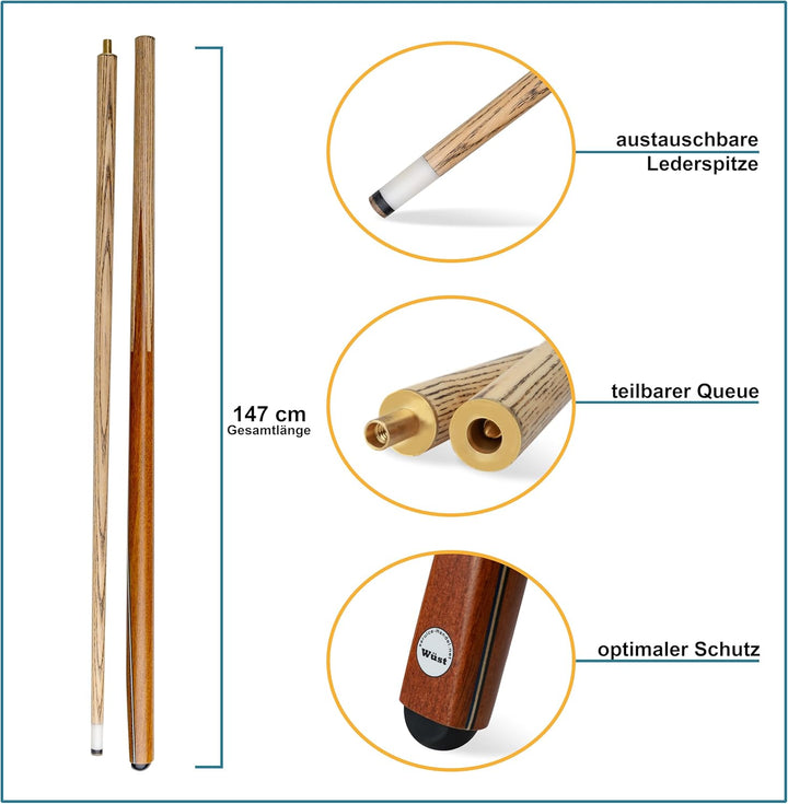 store HD Billard Queue Set zweiteilig aus edlem Holz, 147cm lang, Billard Kö 2-teilig für Pool + Sno