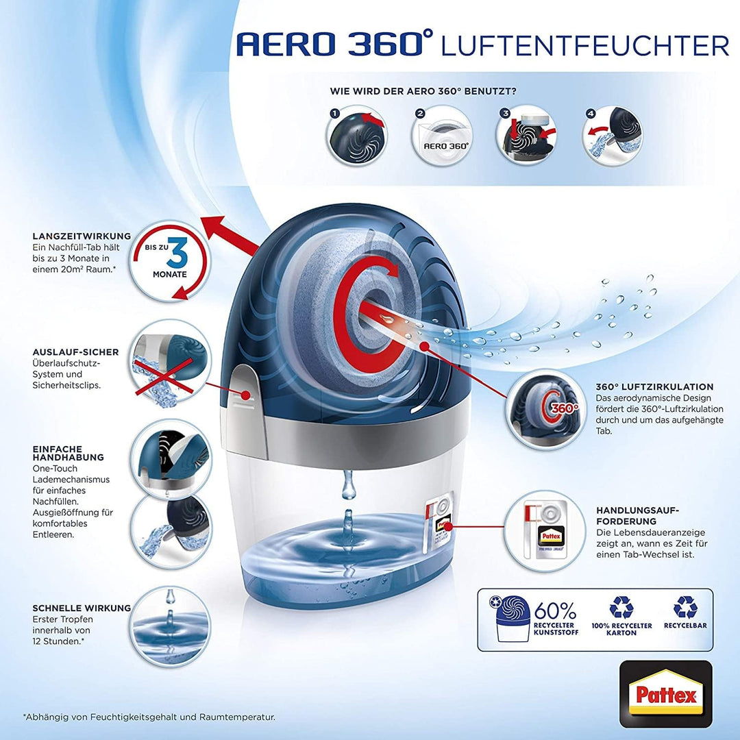 Pattex Luftentfeuchter Stop Feuchtigkeit AERO 360°, hocheffizienter Raumentfeuchter, nachfüllbar, re