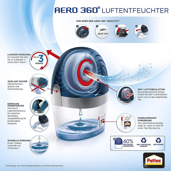 Pattex Luftentfeuchter Stop Feuchtigkeit AERO 360°, hocheffizienter Raumentfeuchter, nachfüllbar, re
