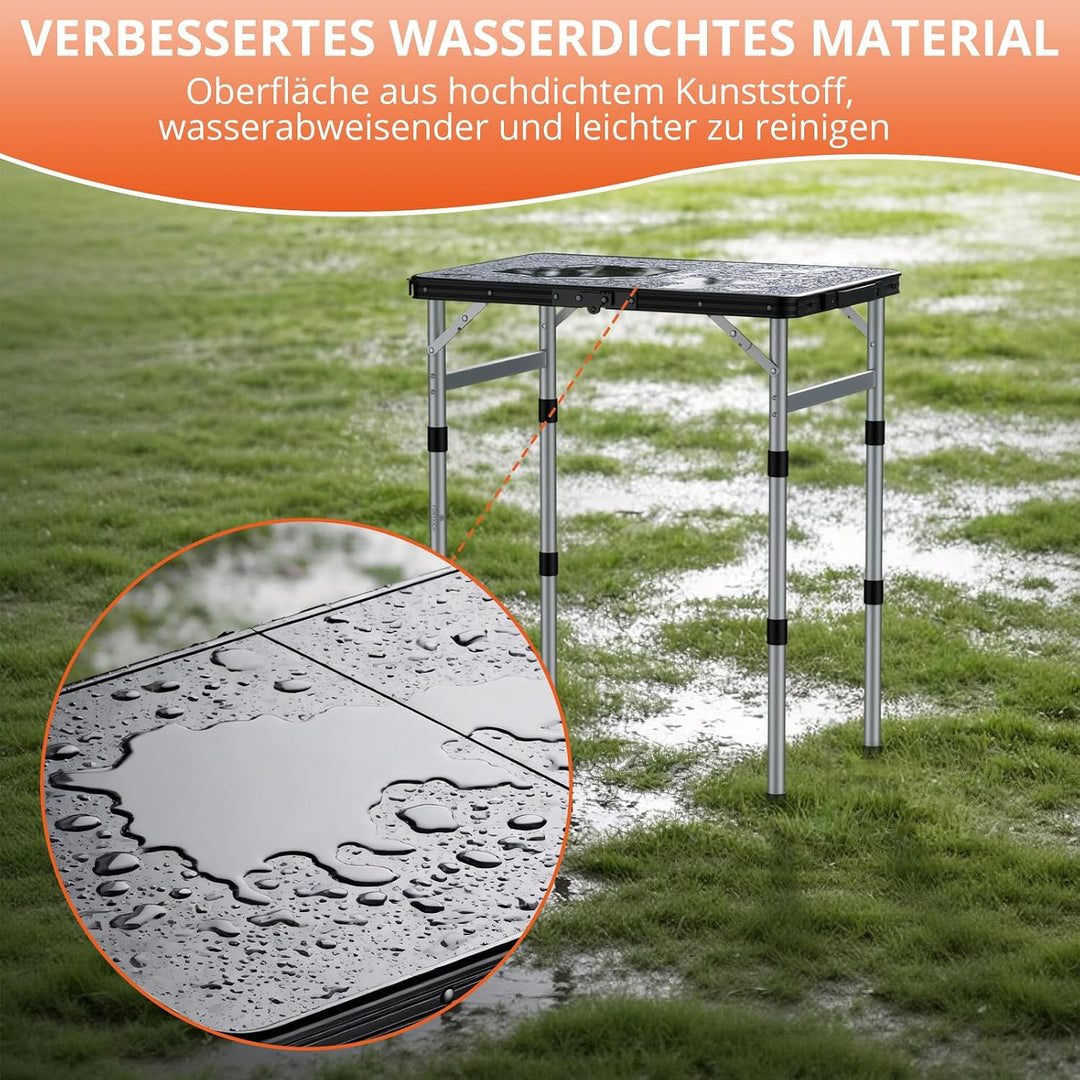 FUNYKICH Campingtisch Klappbar 58x40cm, Höhenverstellbar 26/48/70cm Silber | Wasserdichter Kunststof