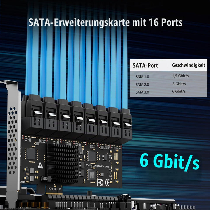 glotrends PCIe SATA Adapterkarte mit 16 Port SATA III 6Gbps (inklusive SATA Kabel und 15PIN SATA Spl