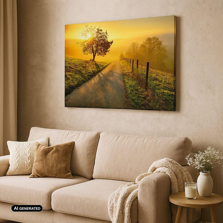 Bilder auf Leinwand 100x70cm Leinwandbild mit Rahmen Feld Strasse Baum Gross Wanddeko Bild Schlafzim