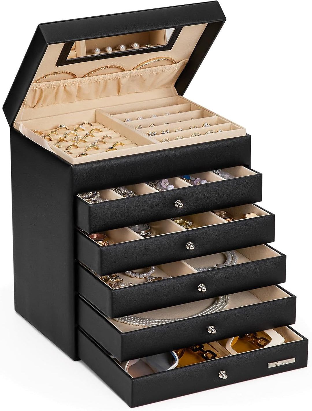 Yorbay Schmuckkoffer Seelux Serie Schmuckkasten (Schwarz, 5 Schubladen) (Mehrweg), Schwarz