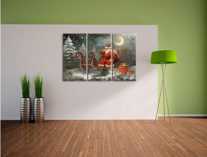 Pixxprint Weihnachtsmann mit Geschenken als Leinwandbild/Grösse: 3 Teilig (120x80 cm) / Wandbild/Kun