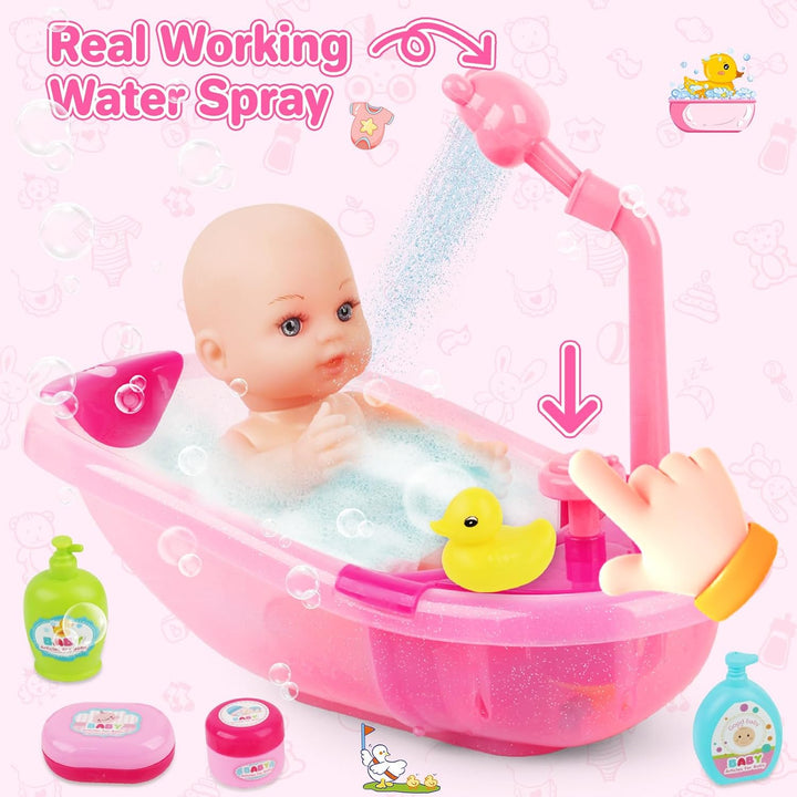 deAO Baby Puppe mit Badewanne und Zubehör, 30cm Badepuppe für Mädchen | mit Funktionierender Dusche