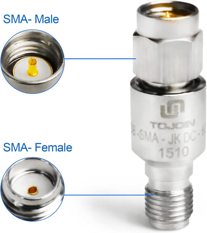 TOJOIN 2 Stück DC Block In-Line SMA Stecker auf Buchse RF-Koaxial-Dämpfungsglied 50–6000 MHz Stecker