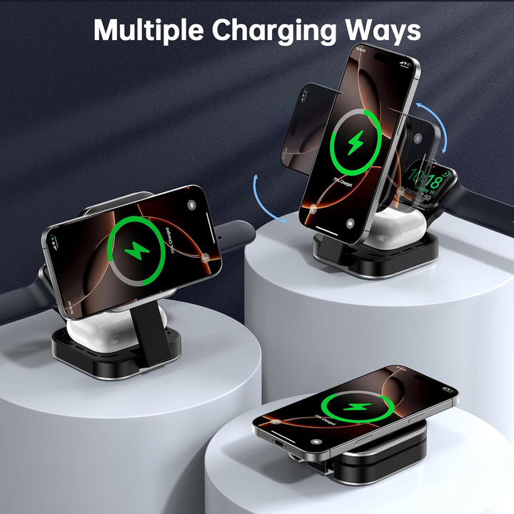 3 in 1 induktive Ladestation für Apple-Geräte, Faltbarer 3 in 1 kabelloses Ladegerät für Magsafe für